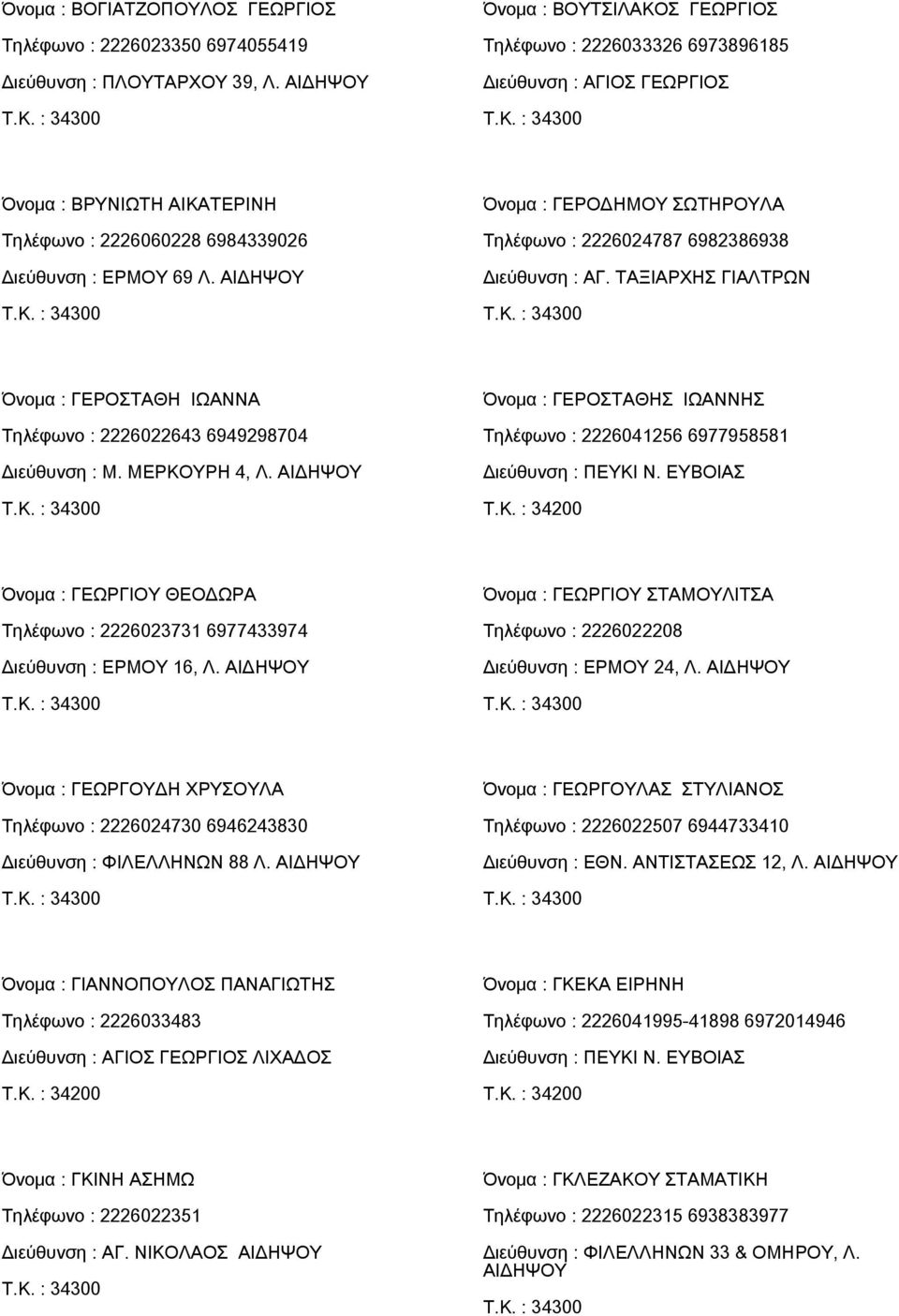 ΑΙΔΗΨΟΥ Όνομα : ΓΕΡΟΔΗΜΟΥ ΣΩΤΗΡΟΥΛΑ Τηλέφωνο : 2226024787 6982386938 Διεύθυνση : ΑΓ. ΤΑΞΙΑΡΧΗΣ ΓΙΑΛΤΡΩΝ Όνομα : ΓΕΡΟΣΤΑΘΗ ΙΩΑΝΝΑ Τηλέφωνο : 2226022643 6949298704 Διεύθυνση : Μ. ΜΕΡΚΟΥΡΗ 4, Λ.
