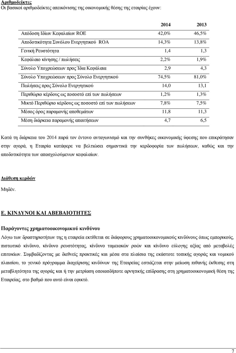 13,1 Περιθώριο κέρδους ως ποσοστό επί των πωλήσεων 1,2% 1,3% Μικτό Περιθώριο κέρδους ως ποσοστό επί των πωλήσεων 7,8% 7,5% Μέσος όρος παραμονής αποθεμάτων 11,8 11,3 Μέση διάρκεια παραμονής απαιτήσεων