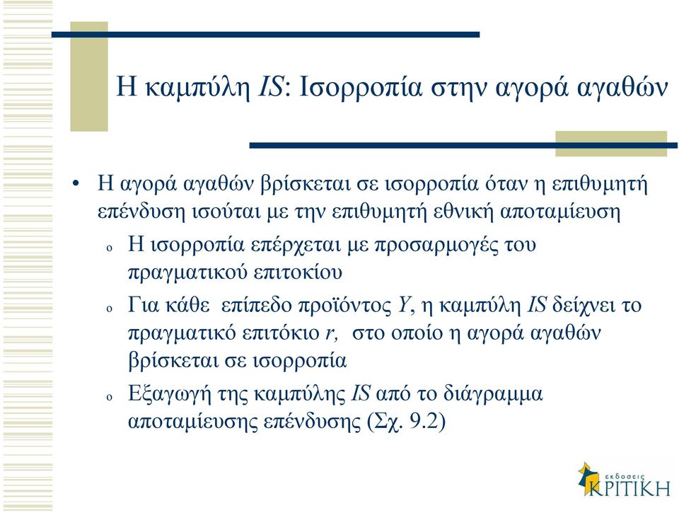 πραγµατικού επιτοκίου Για κάθε επίπεδο προϊόντος Y, ηκαµπύλη IS δείχνει το πραγµατικό επιτόκιο r, στο