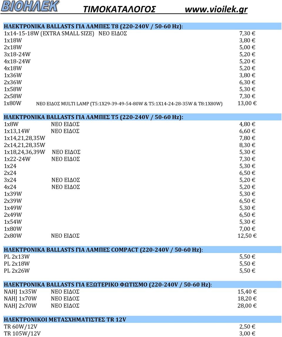 5,30 2x58W 7,30 1x80W ΝΕΟ ΕΙΔΟΣ MULTI LAMP (T5:1X29-39-49-54-80W & T5:1X14-24-28-35W & T8:1X80W) 13,00 ΗΛΕΚΤΡΟΝΙΚΑ BALLASTS ΓΙΑ ΛΑΜΠΕΣ T5 (220-240V / 50-60 Hz): 1x8W ΝΕΟ ΕΙΔΟΣ 4,80 1x13,14W ΝΕΟ ΕΙΔΟΣ