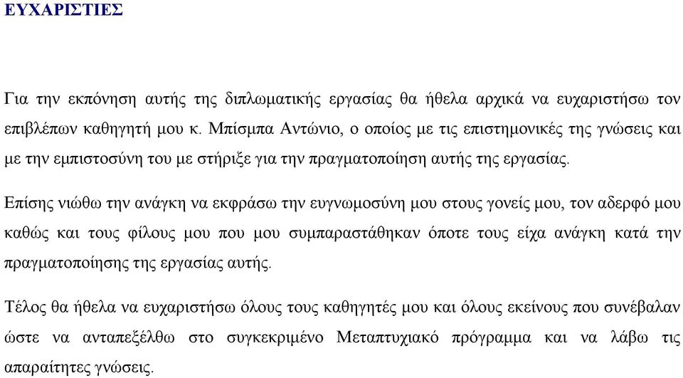 Επίσης νιώθω την ανάγκη να εκφράσω την ευγνωμοσύνη μου στους γονείς μου, τον αδερφό μου καθώς και τους φίλους μου που μου συμπαραστάθηκαν όποτε τους είχα ανάγκη