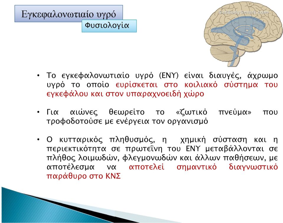 τον οργανισµό Ο κυτταρικό πληθυσµό, η χηµική σύσταση και η περιεκτικότητα σε πρωτε νη του ΕΝΥ µεταβάλλονται