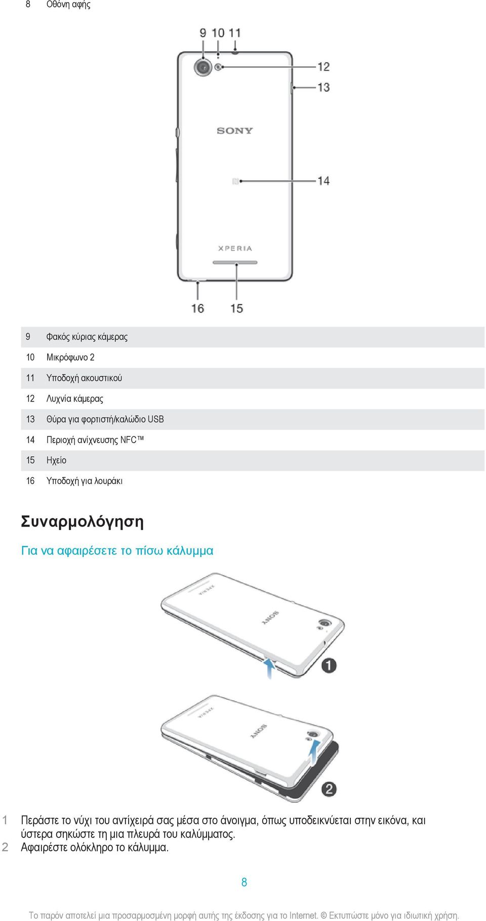 Για να αφαιρέσετε το πίσω κάλυμμα 1 Περάστε το νύχι του αντίχειρά σας μέσα στο άνοιγμα, όπως