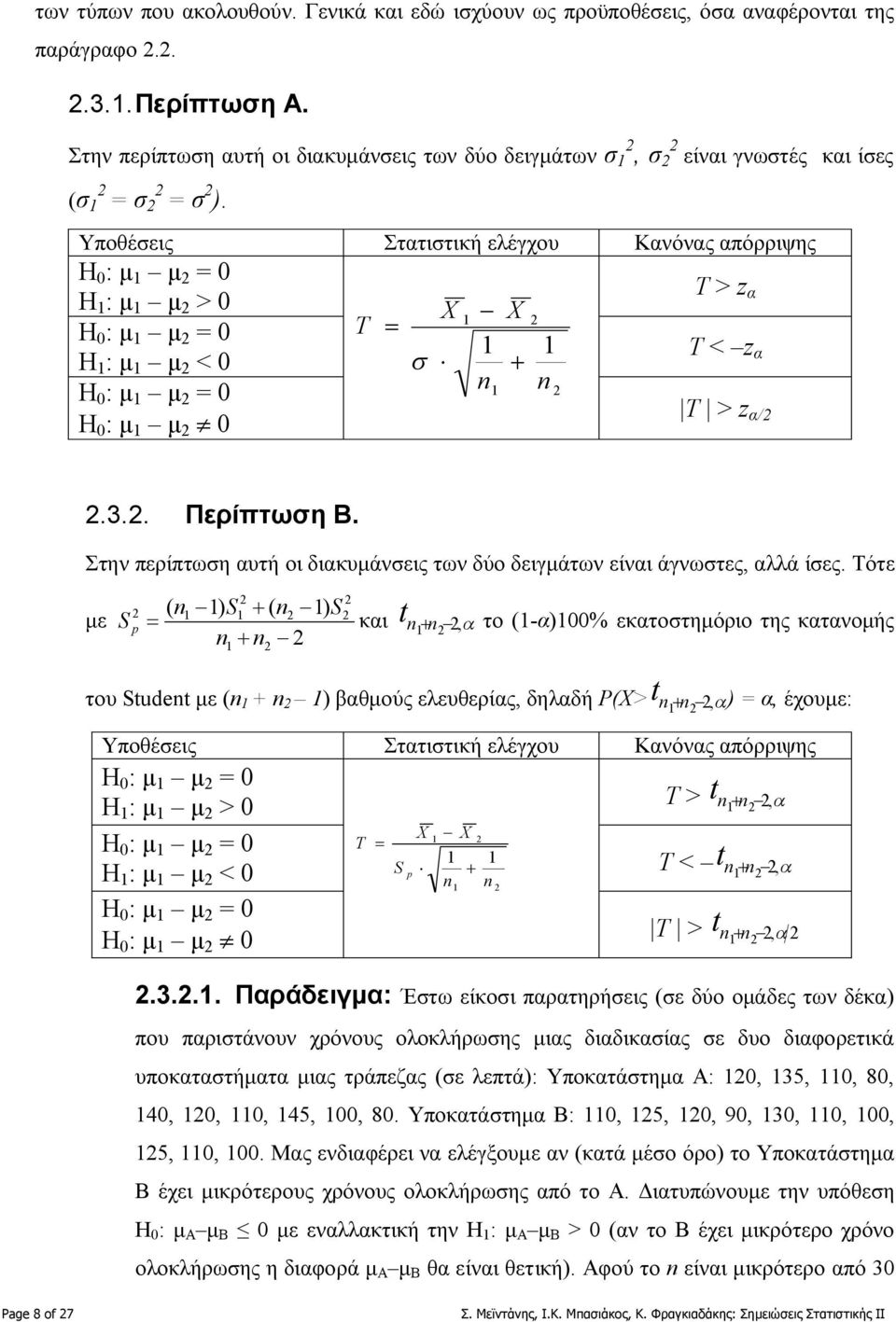 Υποθέσεις Στατιστική ελέγχου Κανόνας απόρριψης Η : μ μ Τ > z Η : μ μ > α - Η : μ μ T Τ < z Η : μ μ < s + α Η : μ μ Τ > z Η : μ μ ¹ α/.3.. Περίπτωση Β.