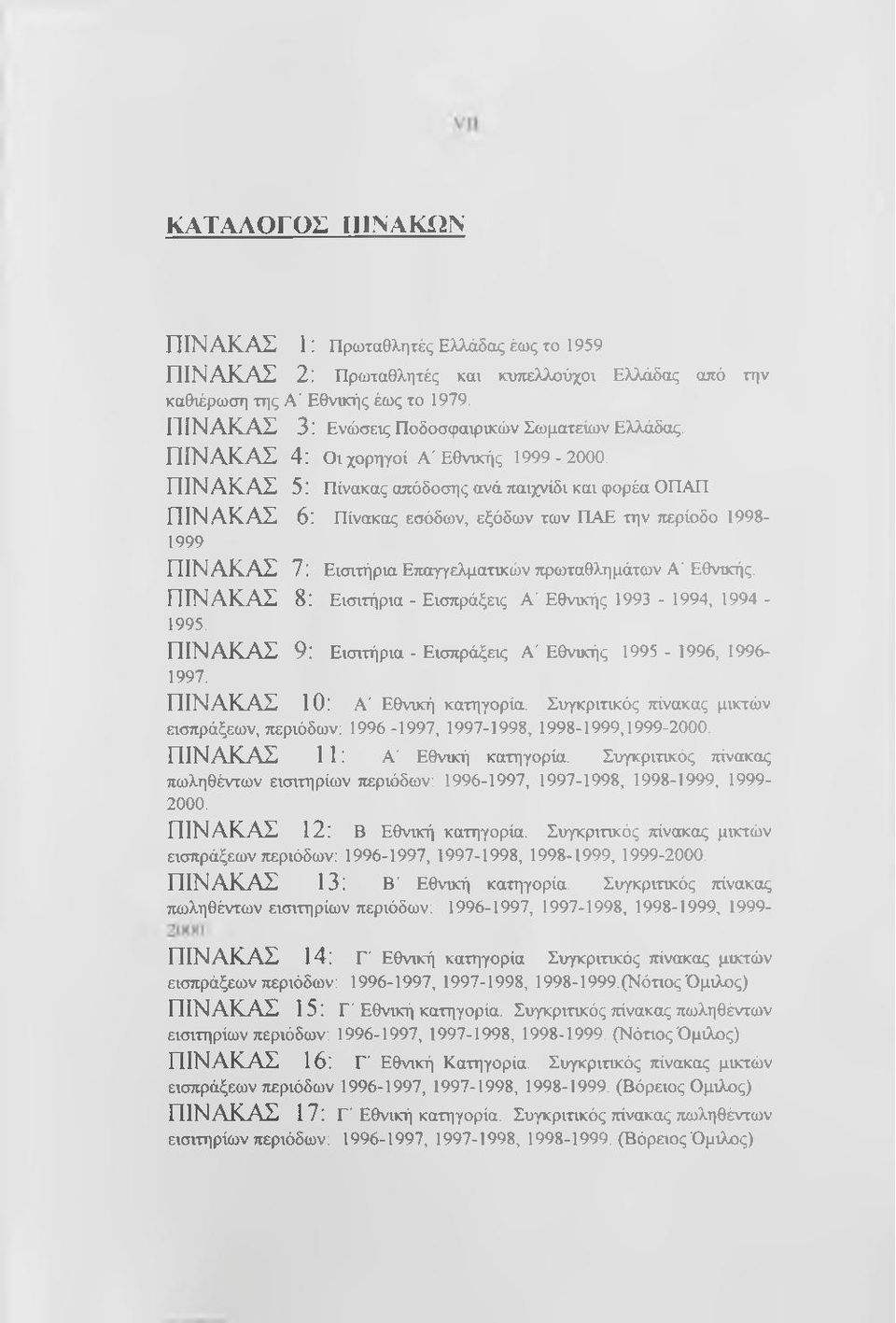 ΠΙΝΑΚΑΣ 5: Πίνακας απόδοσης ανά παιχνίδι και φορέα ΟΠΑΠ ΠΙΝΑΚΑΣ 6: Πίνακας εσόδων, εξόδων των ΠΑΕ την περίοδο 1998-1999 ΠΙΝΑΚΑΣ 7: Εισιτήρια Επαγγελματικών πρωταθλημάτων Α'Εθνικής.