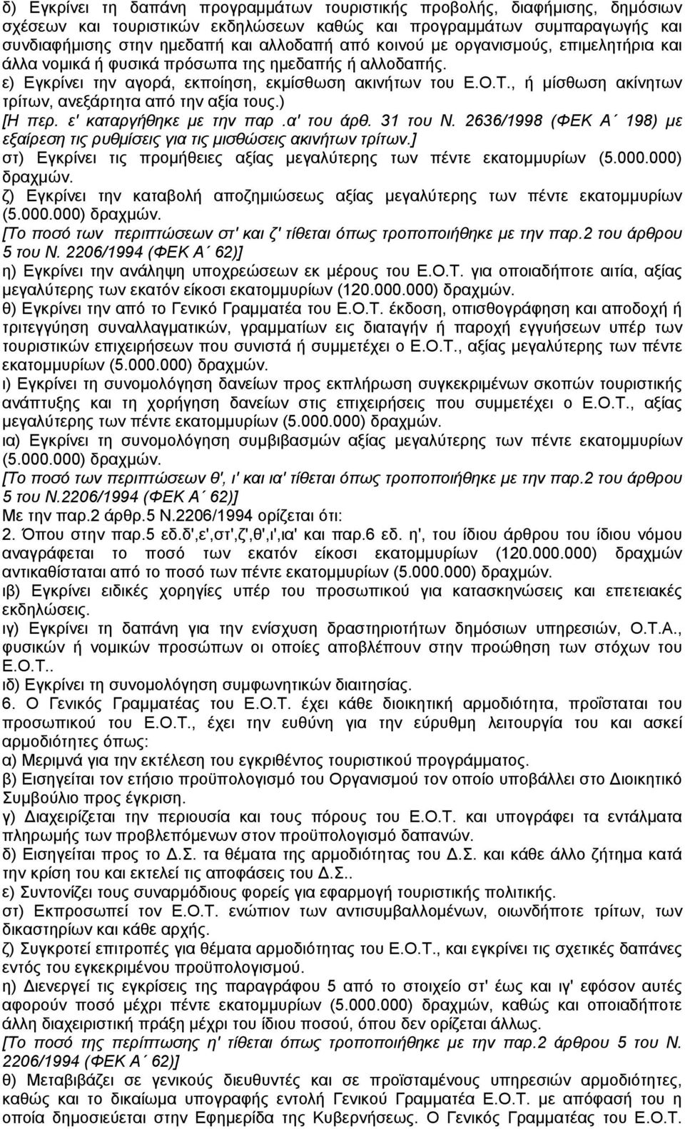 , ή µίσθωση ακίνητων τρίτων, ανεξάρτητα από την αξία τους.) [Η περ. ε' καταργήθηκε µε την παρ.α' του άρθ. 31 του Ν. 2636/1998 (ΦΕΚ Α 198) µε εξαίρεση τις ρυθµίσεις για τις µισθώσεις ακινήτων τρίτων.