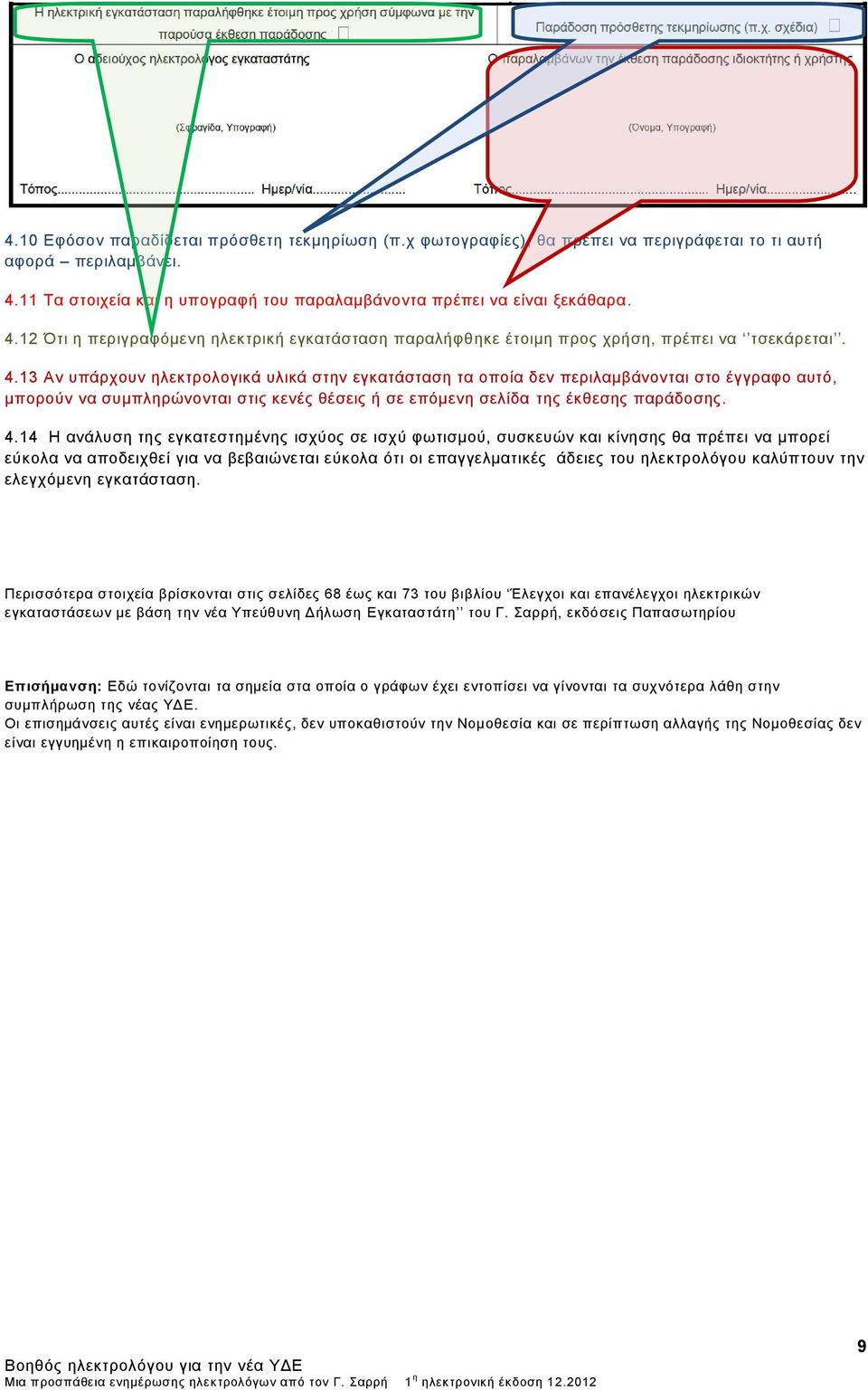 12 Ότι η περιγραφόμενη ηλεκτρική εγκατάσταση παραλήφθηκε έτοιμη προς χρήση, πρέπει να τσεκάρεται. 4.