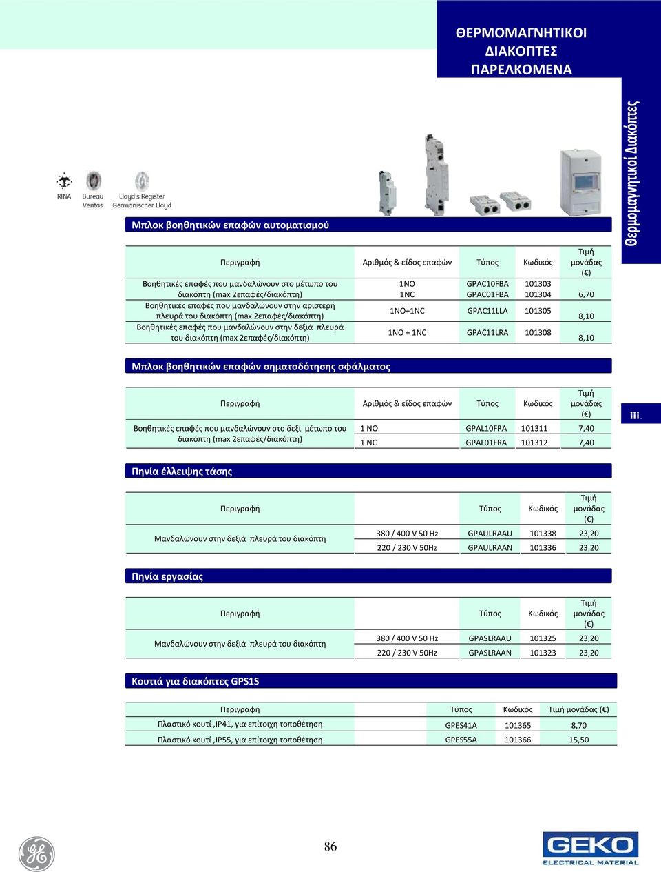 1NO+1NC GPAC11LLA 101305 1NO + 1NC GPAC11LRA 101308 Τιμή μονάδας 101303 101304 6,70 8,10 8,10 Μπλοκ βοηθητικών επαφών σηματοδότησης σφάλματος Περιγραφή Αριθμός & είδος επαφών Βοηθητικές επαφές που