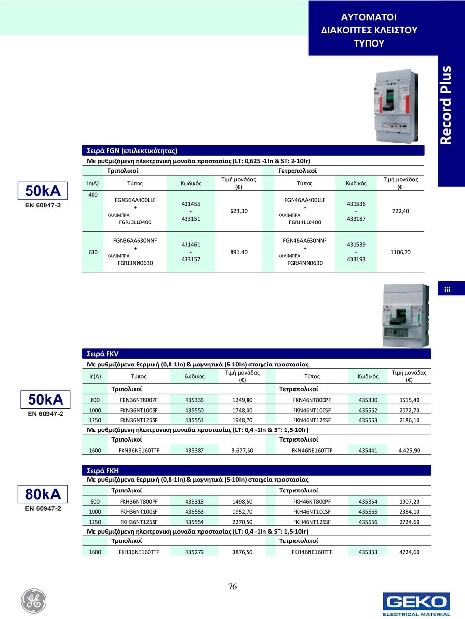 FGRJ4NN0630 431539 + 433193 1106,70 Σειρά FKV Με ρυθμιζόμενα θερμική (0,8-1In)& μαγνητικά (5-10In) στοιχεία προστασίας Ιn(A) Τριπολικοί Τετραπολικοί 800 FKN36NT800PF 435336 1249,80 FKN46NT800PF