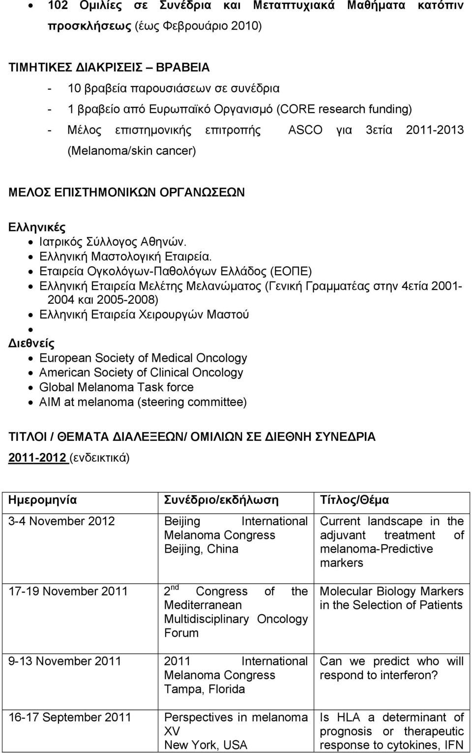 Εταιρεία Ογκολόγων-Παθολόγων Ελλάδος (ΕΟΠΕ) Ελληνική Εταιρεία Μελέτης Μελανώματος (Γενική Γραμματέας στην 4ετία 2001-2004 και 2005-2008) Ελληνική Εταιρεία Χειρουργών Μαστού ιεθνείς European Society