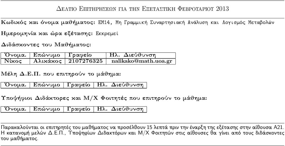 Μεταβολών Ημερομηνία και ώρα εξέτασης: