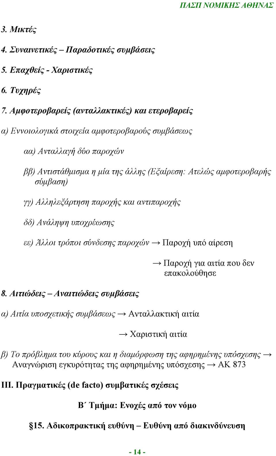 γγ) Αλληλεξάρτηση παροχής και αντιπαροχής δδ) Ανάληψη υποχρέωσης εε) Άλλοι τρόποι σύνδεσης παροχών Παροχή υπό αίρεση 8.