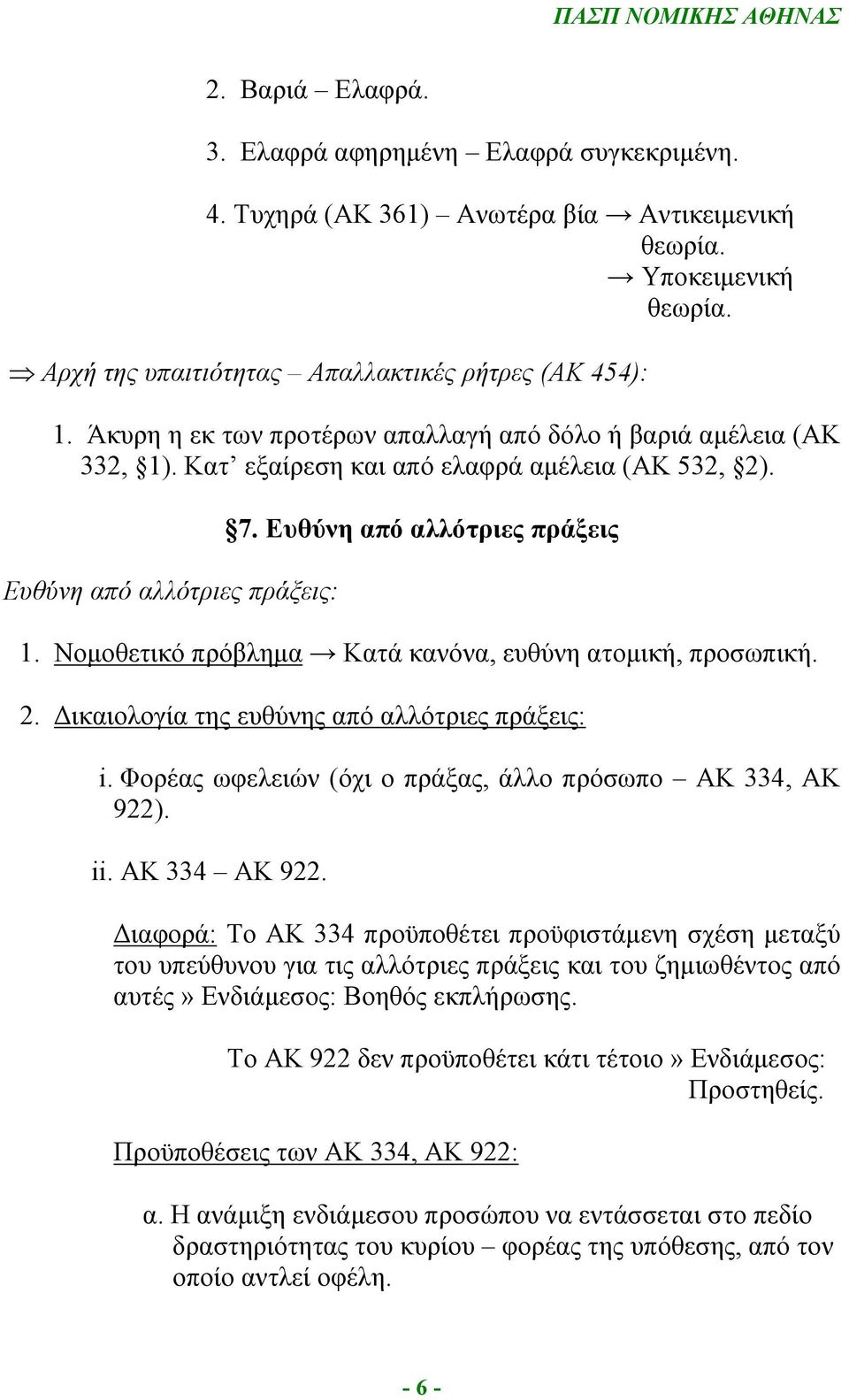 Νομοθετικό πρόβλημα Κατά κανόνα, ευθύνη ατομική, προσωπική. 2. Δικαιολογία της ευθύνης από αλλότριες πράξεις: i. Φορέας ωφελειών (όχι ο πράξας, άλλο πρόσωπο ΑΚ 334, ΑΚ 922). ii. ΑΚ 334 ΑΚ 922.