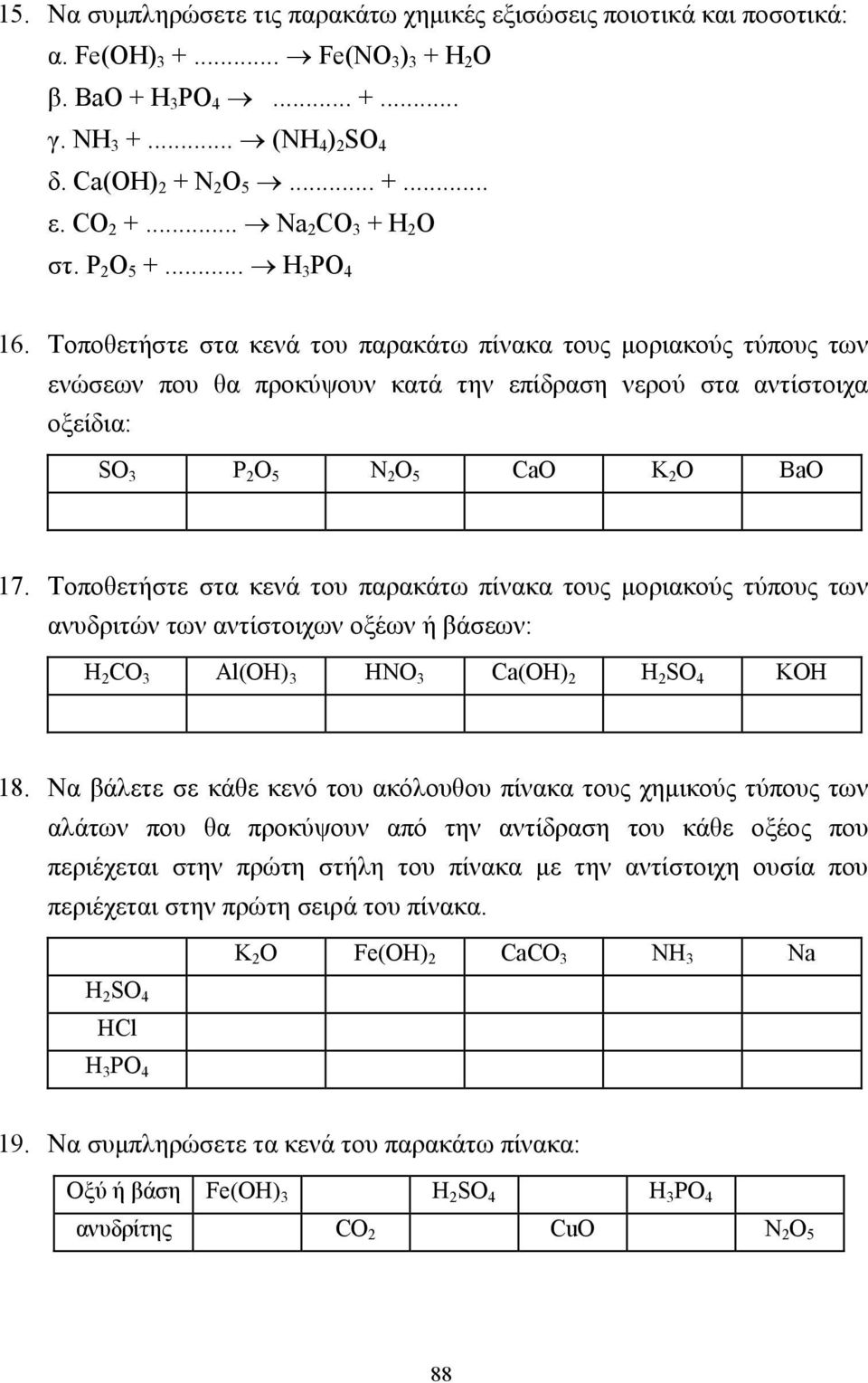 Τοποθετήστε στα κενά του παρακάτω πίνακα τους µοριακούς τύπους των ενώσεων που θα προκύψουν κατά την επίδραση νερού στα αντίστοιχα οξείδια: SO 3 P 2 O 5 N 2 O 5 CaO K 2 O BaO 17.