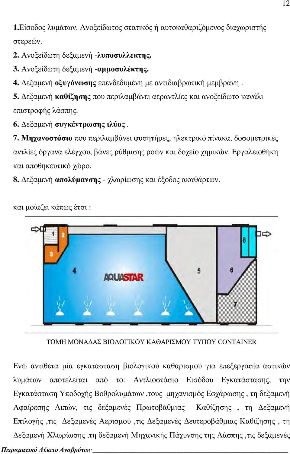 Μηχανοστάσιο που περιλαμβάνει φυσητήρες, ηλεκτρικό πίνακα, δοσομετρικές αντλίες όργανα ελέγχου, βάνες ρύθμισης ροών και δοχείο χημικών. Εργαλειοθήκη και αποθηκευτικό χώρο. 8.