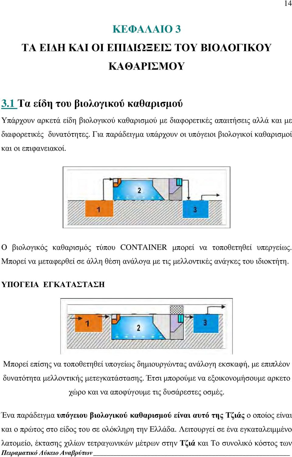 Για παράδειγμα υπάρχουν οι υπόγειοι βιολογικοί καθαρισμοί και οι επιφανειακοί. Ο βιολογικός καθαρισμός τύπου CONTAINER μπορεί να τοποθετηθεί υπεργείως.