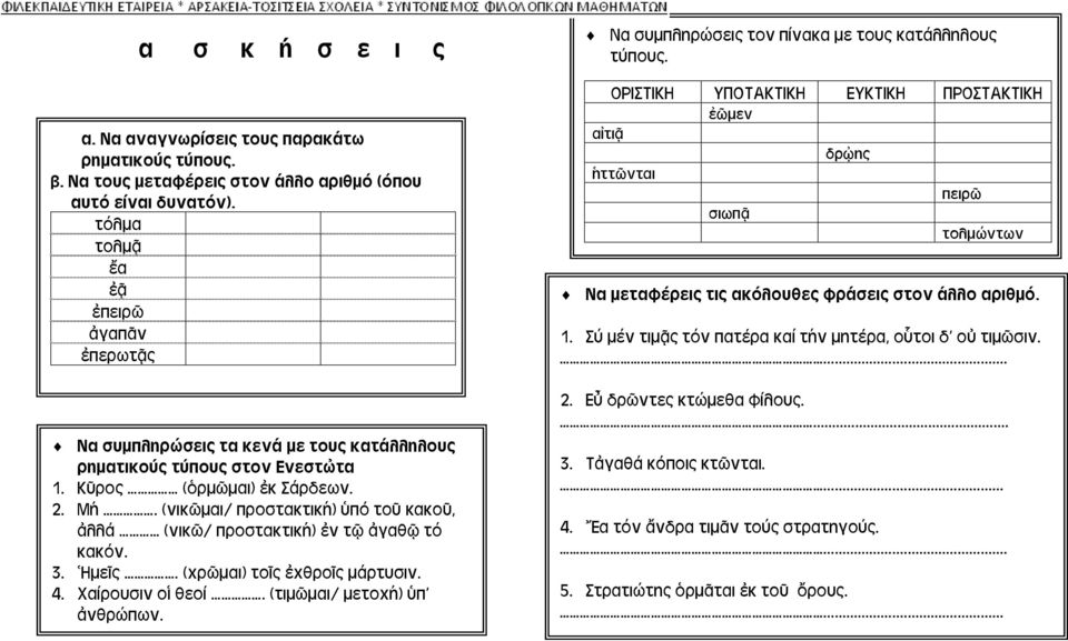 (νικῶμαι/ προστακτική) ὑπό τοῦ κακοῦ, ἀλλά (νικῶ/ προστακτική) ἐν τῷ ἀγαθῷ τό κακόν. 3. Ἡμεῖς. (χρῶμαι) τοῖς ἐχθροῖς μάρτυσιν. 4. Χαίρουσιν οἱ θεοί. (τιμῶμαι/ μετοχή) ὑπ ἀνθρώπων.