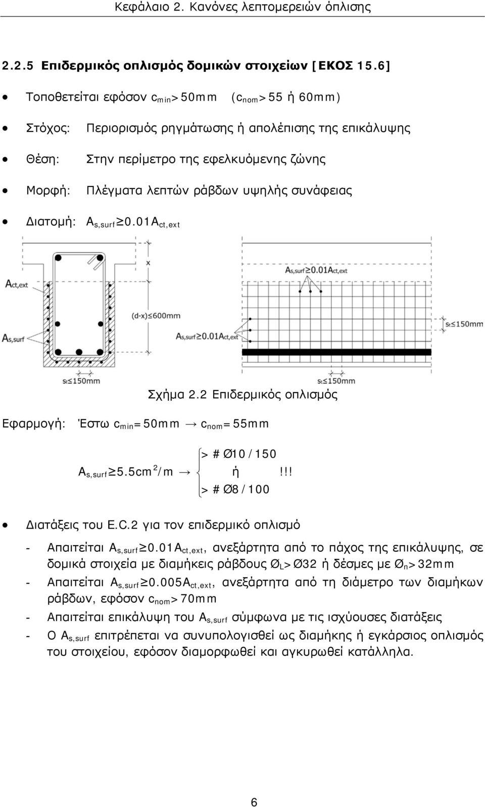 συνάφειας Διατομή: A s,surf 0.01A ct,ext Σχήμα 2.2 Επιδερμικός οπλισμός Εφαρμογή: Έστω c min =50mm c nom =55mm A s,surf 5.5cm 2 /m > #Ø10 /150 ή!!! > #Ø8 /100 Διατάξεις του E.C.