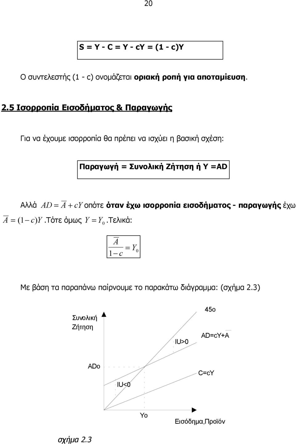 ή Y =AD Αλλά AD = A + cy οπότε όταν έχω ισορροπία εισοδήµατος - παραγωγής έχω A = ( 1 c) Y.Τότε όµως Y = Y 0.
