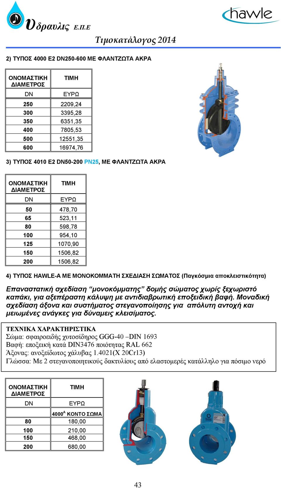 598,78 954,10 125 1070,90 150 1506,82 200 1506,82 4) ΤΥΠΟΣ HAWLE-A ME MONOKOMMATH ΣΧΕΔΙΑΣΗ ΣΩΜΑΤΟΣ (Παγκόσμια αποκλειστικότητα) Επαναστατική σχεδίαση μονοκόμματης δομής σώματος χωρίς ξεχωριστό