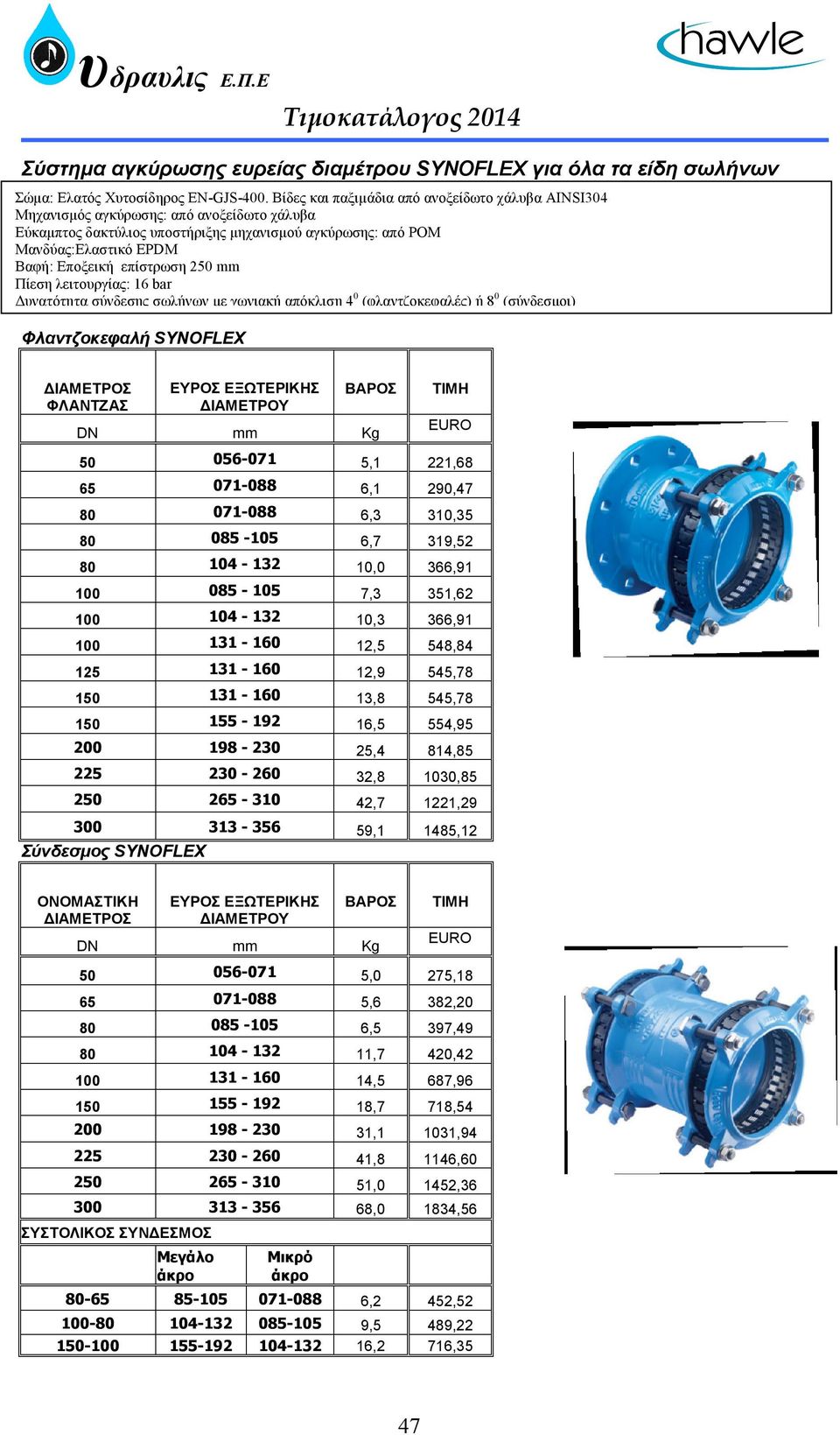 επίστρωση 250 mm Πίεση λειτουργίας: 16 bar Δυνατότητα σύνδεσης σωλήνων με γωνιακή απόκλιση 4 0 (φλαντζοκεφαλές) ή 8 0 (σύνδεσμοι) Φλαντζοκεφαλή SYNOFLEX ΦΛΑΝΤΖΑΣ EYΡΟΣ ΕΞΩΤΕΡΙΚΗΣ ΔΙΑΜΕΤΡΟΥ ΒΑΡΟΣ mm