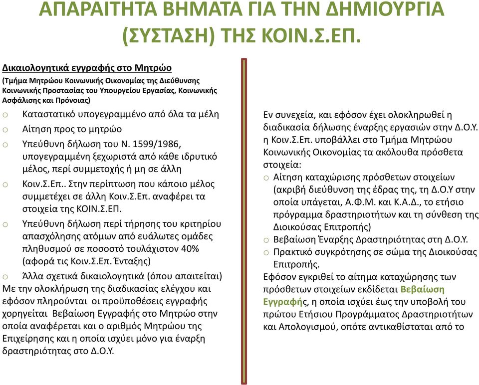 από όλα τα μέλη o Αίτηση προς το μητρώο o Υπεύθυνη δήλωση του Ν. 1599/1986, υπογεγραμμένη ξεχωριστά από κάθε ιδρυτικό μέλος, περί συμμετοχής ή μη σε άλλη o o Κοιν.Σ.Επ.