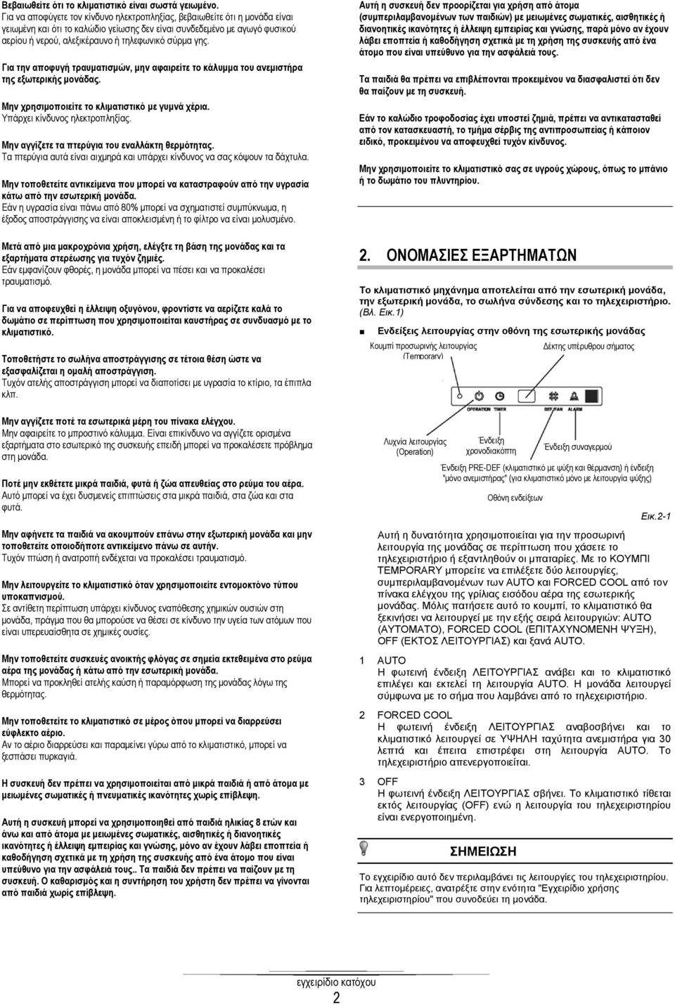 γης. Για την αποφυγή τραυματισμών, μην αφαιρείτε το κάλυμμα του ανεμιστήρα της εξωτερικής μονάδας. Μην χρησιμοποιείτε το κλιματιστικό με γυμνά χέρια. Υπάρχει κίνδυνος ηλεκτροπληξίας.
