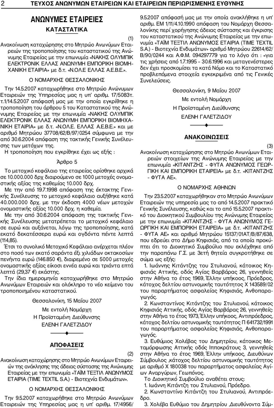 17/5083τ. τ.1/14.5.2007 απόφασή μας με την οποία εγκρίθηκε η τροποποίηση του άρθρου 5 του Καταστατικού της Ανώ νυμης Εταιρείας με την επωνυμία «ΝΑΚΗΣ ΟΛΥΜΠΙΚ ΕΛΕΚΤΡΟΝΙΚ ΕΛΛΑΣ ΑΝΩΝΥΜΗ ΕΜΠΟΡΙΚΗ ΒΙΟΜΗΧΑ