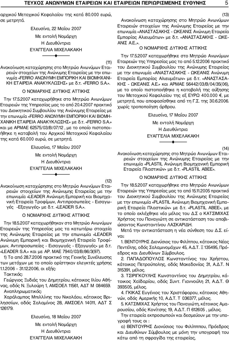 2007 πρακτικό του Διοικητικού Συμβουλίου της Ανώνυμης Εταιρείας με την επωνυμία «ERRO ΑΝΩΝΥΜΗ ΕΜΠΟΡΙΚΗ ΚΑΙ ΒΙΟΜΗ ΧΑΝΙΚΗ ΕΤΑΙΡΕΙΑ ΑΝΑΚΥΚΛΩΣΗΣ» με δ.τ. «ERRO S.A.