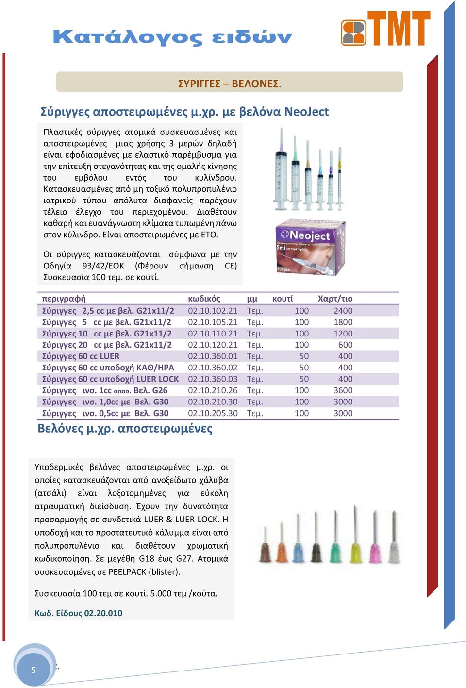 50 400 Σύριγγες 60 cc υποδοχή ΚΑΘ/ΗΡΑ 010.360.02 Τεμ. 50 400 Σύριγγες 60 cc υποδοχή LUER LOCK 010.360.03 Τεμ. 50 400 Σύριγγες ινσ. 1cc αποσ. Βελ. G26 010.210.26 Τεμ. 100 3600 Σύριγγες ινσ.