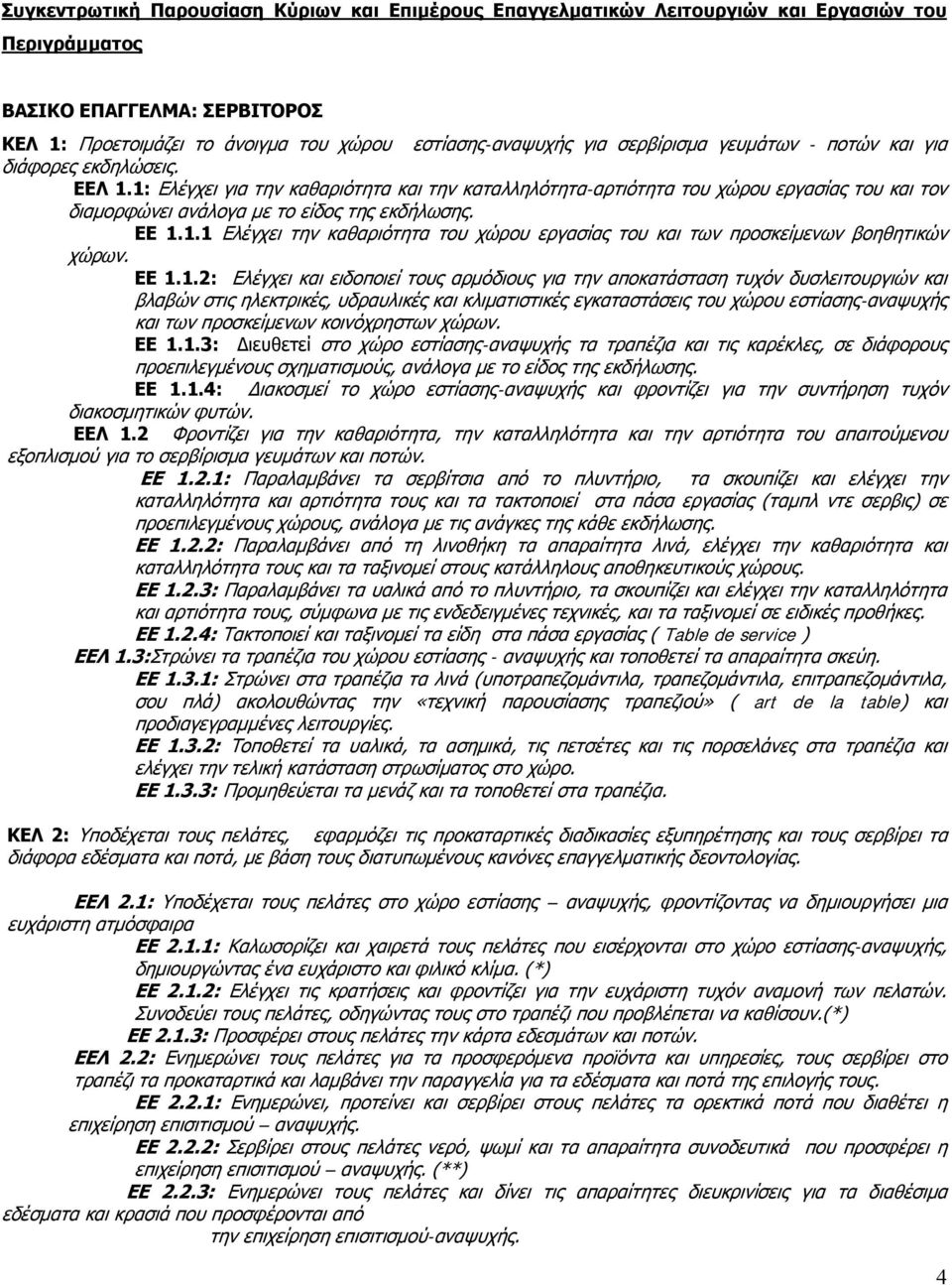 1: Ελέγχει για την καθαριότητα και την καταλληλότητα-αρτιότητα του χώρου εργασίας του και τον διαμορφώνει ανάλογα με το είδος της εκδήλωσης. ΕΕ 1.1.1 Ελέγχει την καθαριότητα του χώρου εργασίας του και των προσκείμενων βοηθητικών χώρων.