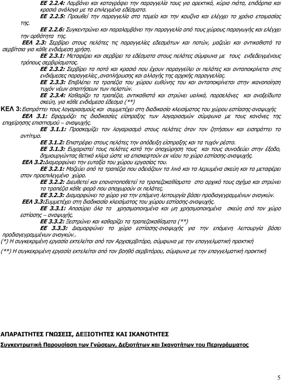 3: Σερβίρει στους πελάτες τις παραγγελίες εδεσμάτων και ποτών, μαζεύει και αντικαθιστά τα σερβίτσια για κάθε ενδιάμεση χρήση. ΕΕ 2.3.1: Μεταφέρει και σερβίρει τα εδέσματα στους πελάτες σύμφωνα με τους ενδεδειγμένους τρόπους σερβιρίσματος.