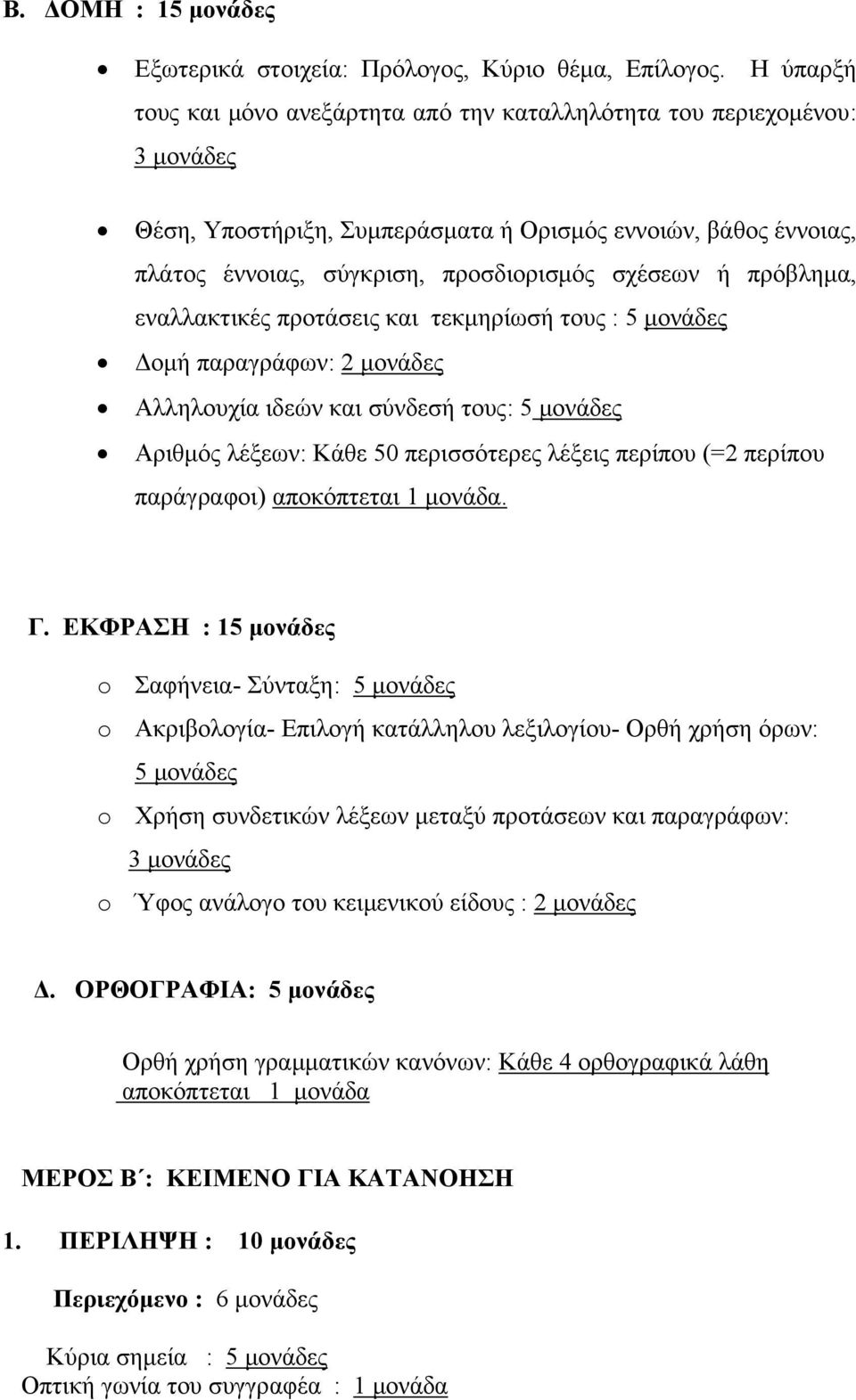 πρόβλημα, εναλλακτικές προτάσεις και τεκμηρίωσή τους : 5 μονάδες Δομή παραγράφων: 2 μονάδες Αλληλουχία ιδεών και σύνδεσή τους: 5 μονάδες Αριθμός λέξεων: Κάθε 50 περισσότερες λέξεις περίπου (=2