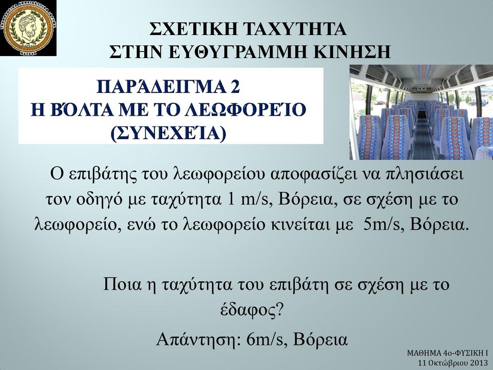 λεωφορείο, ενώ το λεωφορείο κινείται με 5m/s, Βόρεια.