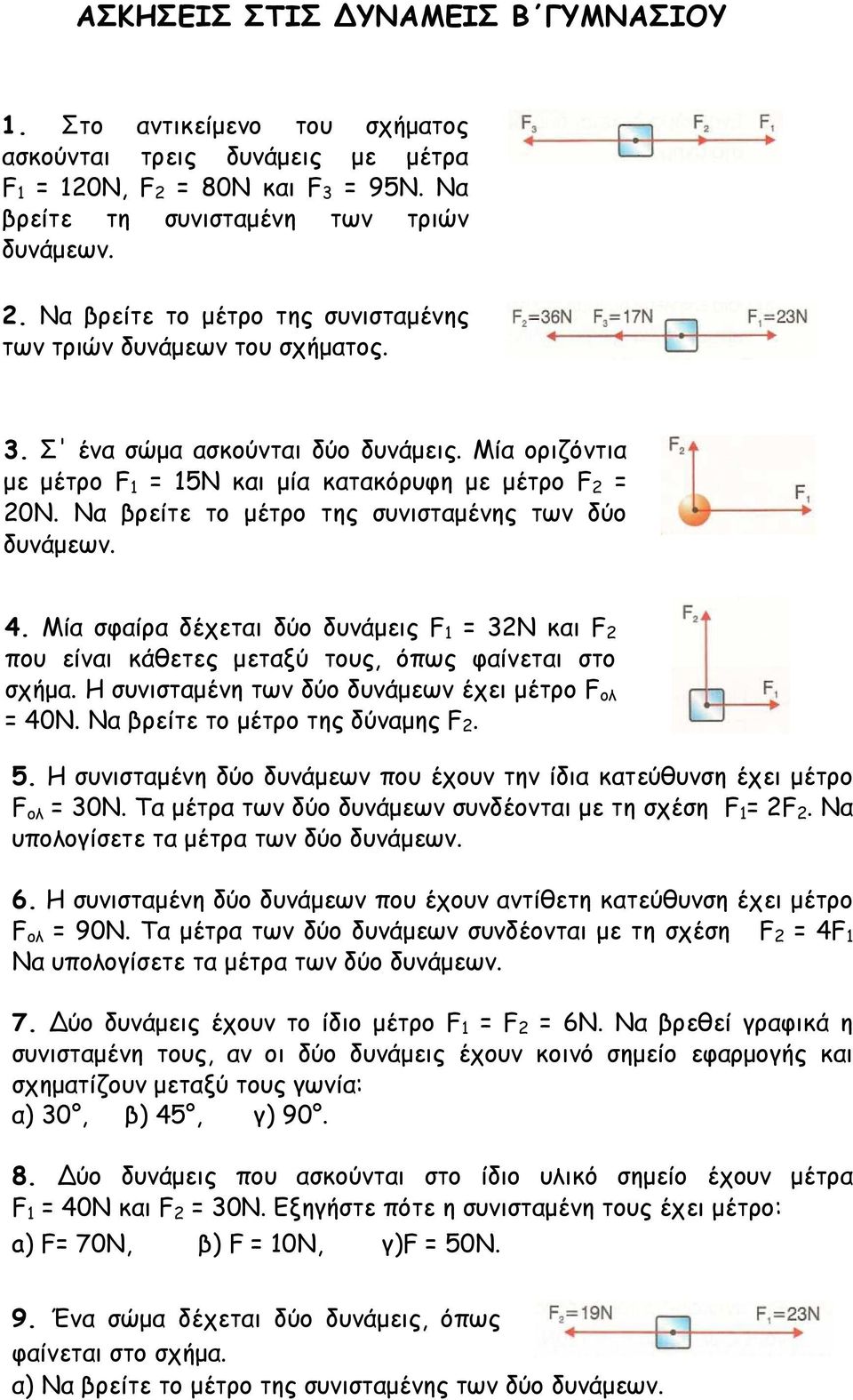 Μία σφαίρα δέχεται δύο δυνάµεις F 1 = 32Ν και F 2 που είναι κάθετες µεταξύ τους, όπως φαίνεται στο σχήµα. Η συνισταµένη των δύο δυνάµεων έχει µέτρο F oλ = 40Ν. Να βρείτε το µέτρο της δύναµης F 2. 5.