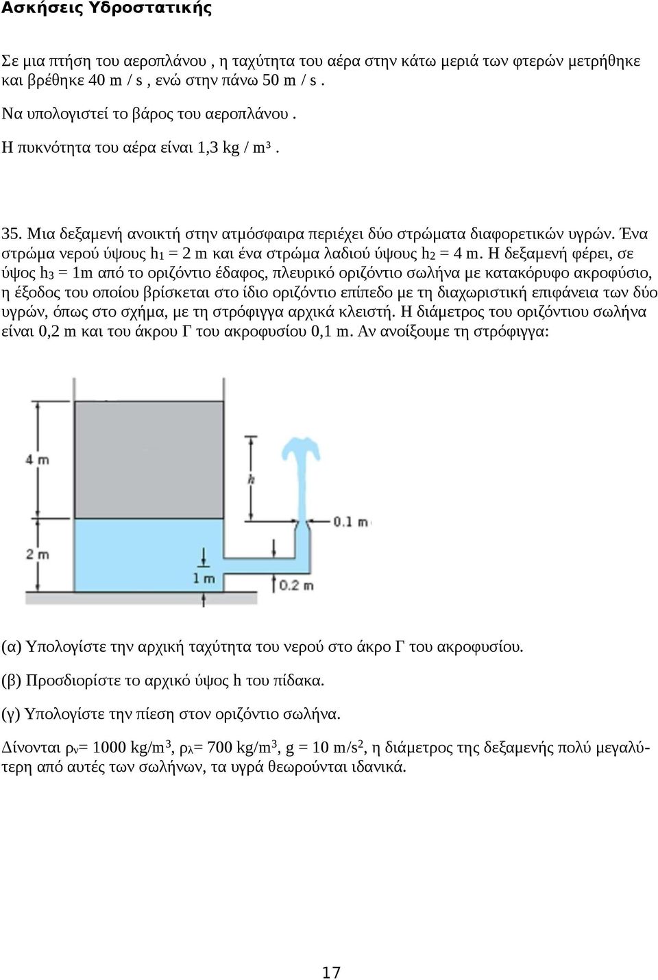 Η δεξαμενή φέρει, σε ύψος h3 = 1m από το οριζόντιο έδαφος, πλευρικό οριζόντιο σωλήνα με κατακόρυφο ακροφύσιο, η έξοδος του οποίου βρίσκεται στο ίδιο οριζόντιο επίπεδο με τη διαχωριστική επιφάνεια των