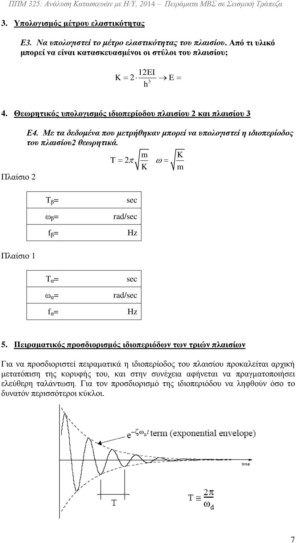 Με τα δεδομένα που μετρήθηκαν μπορεί να υπολογιστεί η ιδιοπερίοδος του πλαισίου θεωρητικά. m K T K m Πλαίσιο Τ β = ω β = f β = sec rad/sec Hz Πλαίσιο Τ α = ω α = f α = sec rad/sec Hz 5.
