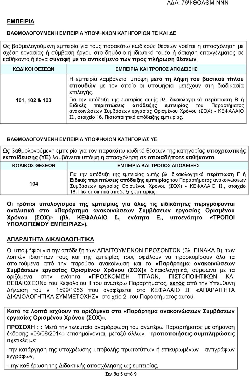 ΚΩΔΙΚΟΙ ΘΕΣΕΩΝ 101, 102 & 103 ΕΜΠΕΙΡΙΑ ΚΑΙ ΤΡΟΠΟΣ ΑΠΟΔΕΙΞΗΣ Η εμπειρία λαμβάνεται υπόψη μετά τη λήψη του βασικού τίτλου σπουδών με τον οποίο οι υποψήφιοι μετέχουν στη διαδικασία επιλογής.