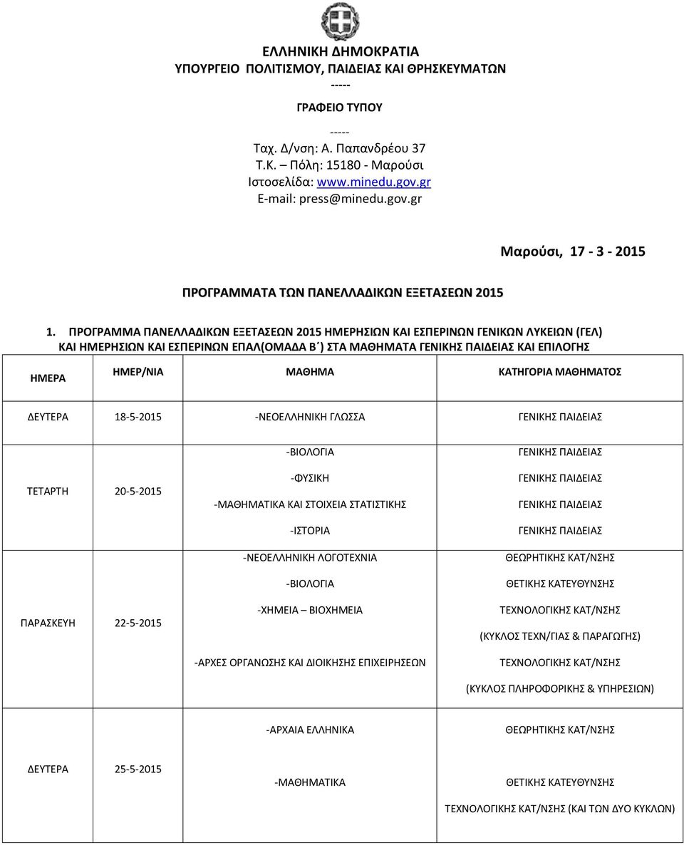 ΠΡΟΓΡΑΜΜΑ ΠΑΝΕΛΛΑΔΙΚΩΝ ΕΞΕΤΑΣΕΩΝ 2015 ΗΜΕΡΗΣΙΩΝ ΚΑΙ ΕΣΠΕΡΙΝΩΝ ΓΕΝΙΚΩΝ ΛΥΚΕΙΩΝ (ΓΕΛ) ΚΑΙ ΗΜΕΡΗΣΙΩΝ ΚΑΙ ΕΣΠΕΡΙΝΩΝ ΕΠΑΛ(ΟΜΑΔΑ Β ) ΣΤΑ ΜΑΘΗΜΑΤΑ ΚΑΙ ΕΠΙΛΟΓΗΣ ΗΜΕΡΑ ΗΜΕΡ/ΝΙΑ ΜΑΘΗΜΑ ΚΑΤΗΓΟΡΙΑ