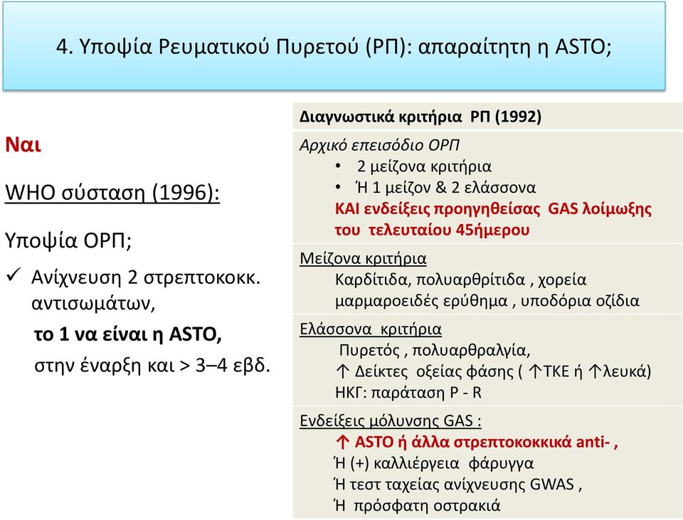 Διαγνωστικά κριτήρια ΡΠ (1992) Αρχικό επεισόδιο ΟΡΠ 2 μείζονα κριτήρια Ή 1 μείζον & 2 ελάσσονα ΚΑΙ ενδείξεις προηγηθείσας GAS λοίμωξης του τελευταίου 45ήμερου