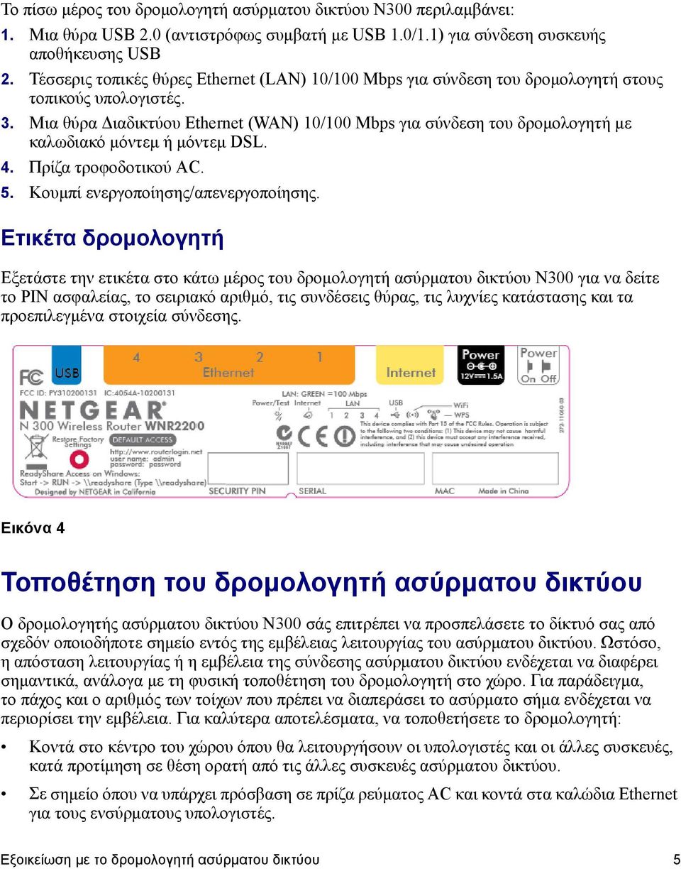 Μια θύρα Διαδικτύου Ethernet (WAN) 10/100 Mbps για σύνδεση του δρομολογητή με καλωδιακό μόντεμ ή μόντεμ DSL. 4. Πρίζα τροφοδοτικού AC. 5. Κουμπί ενεργοποίησης/απενεργοποίησης.