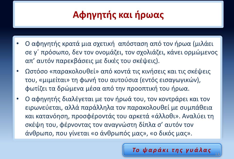 Ωστόσο «παρακολουθεί» από κοντά τις κινήσεις και τις σκέψεις του, «μιμείται» τη φωνή του αυτούσια (εντός εισαγωγικών), φωτίζει τα δρώμενα μέσα από την προοπτική του ήρωα.