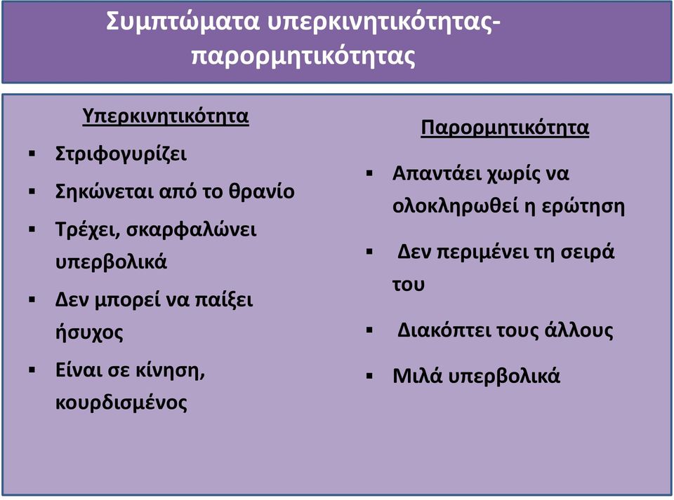 ήσυχος Είναι σε κίνηση, κουρδισμένος Παρορμητικότητα Απαντάει χωρίς να