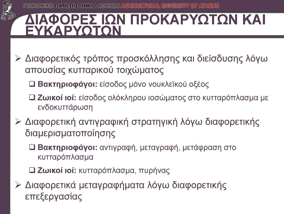 ενδοκυττάρωση Διαφορετική αντιγραφική στρατηγική λόγω διαφορετικής διαμερισματοποίησης Βακτηριοφάγοι: αντιγραφή,