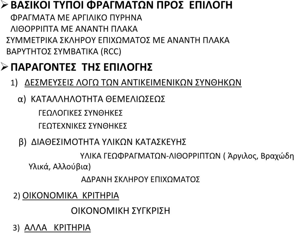 ΚΑΤΑΛΛΗΛΟΤΗΤΑ ΘΕΜΕΛΙΩΣΕΩΣ ΓΕΩΛΟΓΙΚΕΣ ΣΥΝΘΗΚΕΣ ΓΕΩΤΕΧΝΙΚΕΣ ΣΥΝΘΗΚΕΣ β) ΔΙΑΘΕΣΙΜΟΤΗΤΑ ΥΛΙΚΩΝ ΚΑΤΑΣΚΕΥΗΣ ΥΛΙΚΑ ΓΕΩΦΡΑΓΜΑΤΩΝ