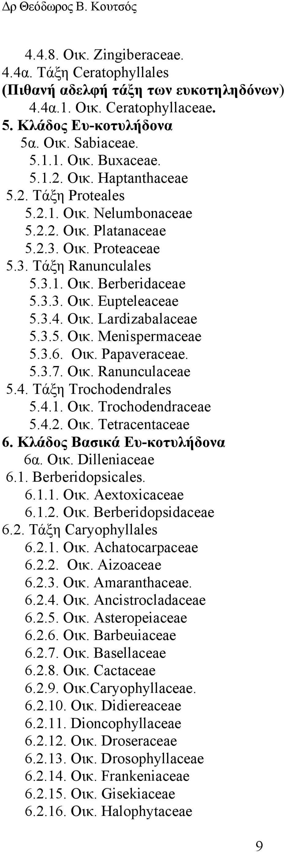 3.5. Οικ. Menispermaceae 5.3.6. Οικ. Papaveraceae. 5.3.7. Οικ. Ranunculaceae 5.4. Tάξη Trochodendrales 5.4.1. Οικ. Trochodendraceae 5.4.2. Οικ. Tetracentaceae 6. Kλάδος Βασικά Ευ-κοτυλήδονα 6α. Οικ. Dilleniaceae 6.
