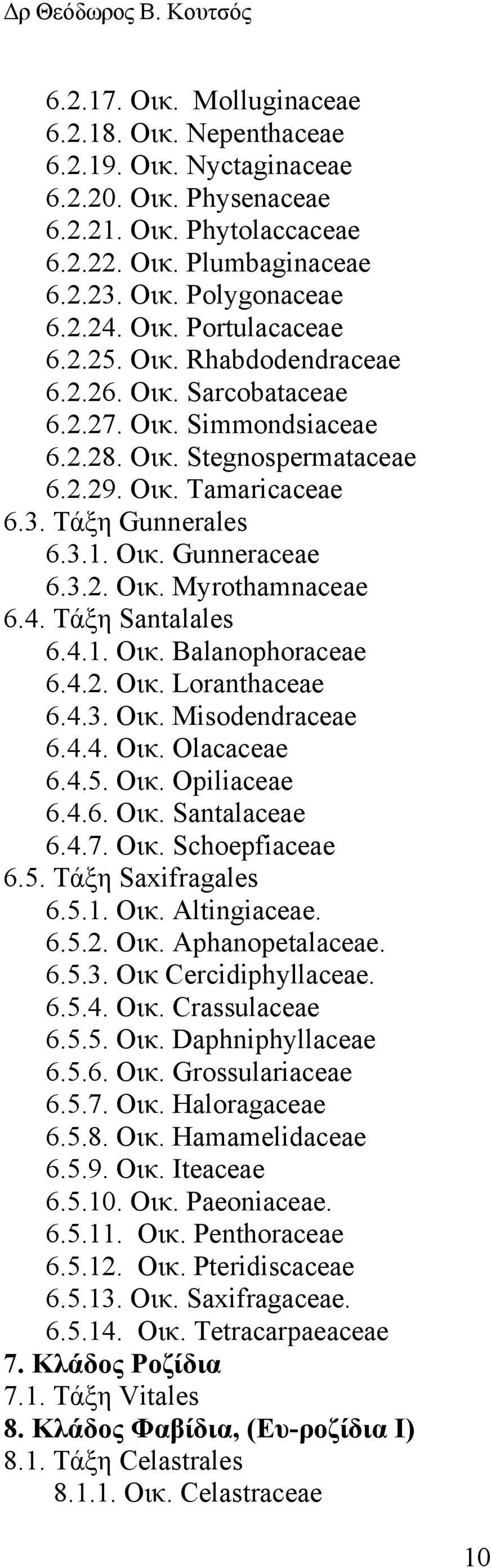 4. Tάξη Santalales 6.4.1. Οικ. Balanophoraceae 6.4.2. Οικ. Loranthaceae 6.4.3. Οικ. Misodendraceae 6.4.4. Οικ. Olacaceae 6.4.5. Οικ. Opiliaceae 6.4.6. Οικ. Santalaceae 6.4.7. Οικ. Schoepfiaceae 6.5. Tάξη Saxifragales 6.