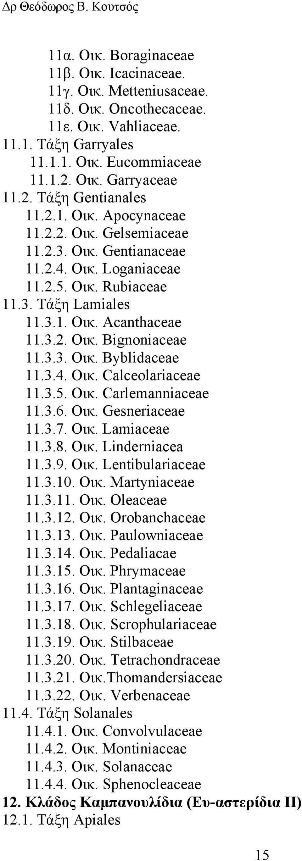3.4. Οικ. Calceolariaceae 11.3.5. Οικ. Carlemanniaceae 11.3.6. Οικ. Gesneriaceae 11.3.7. Οικ. Lamiaceae 11.3.8. Οικ. Linderniacea 11.3.9. Οικ. Lentibulariaceae 11.3.10. Οικ. Martyniaceae 11.3.11. Οικ. Oleaceae 11.