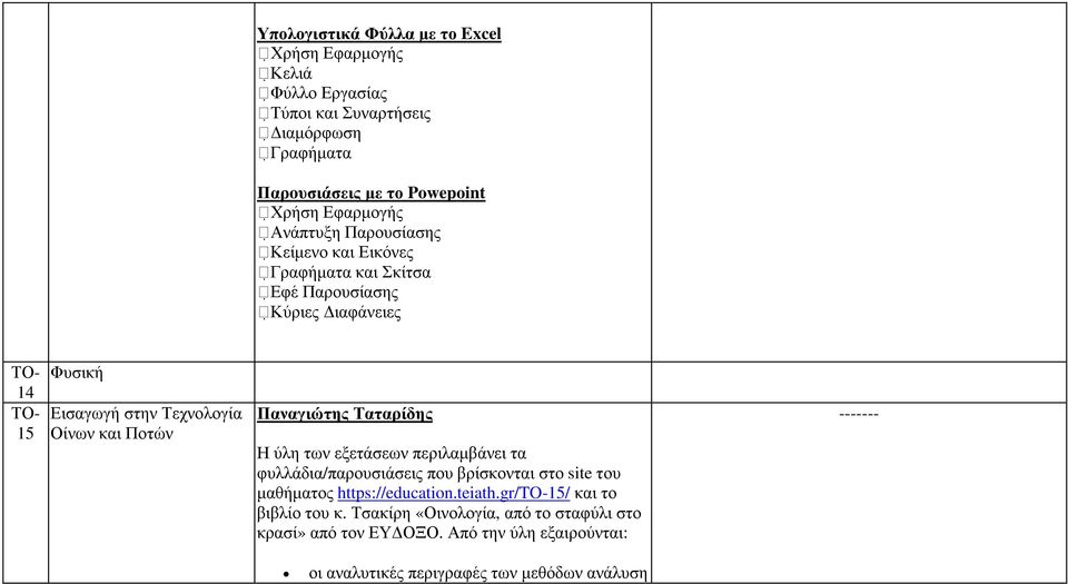 Ποτών Παναγιώτης Ταταρίδης Η ύλη των εξετάσεων περιλαµβάνει τα φυλλάδια/παρουσιάσεις που βρίσκονται στο site του µαθήµατος https://education.teiath.