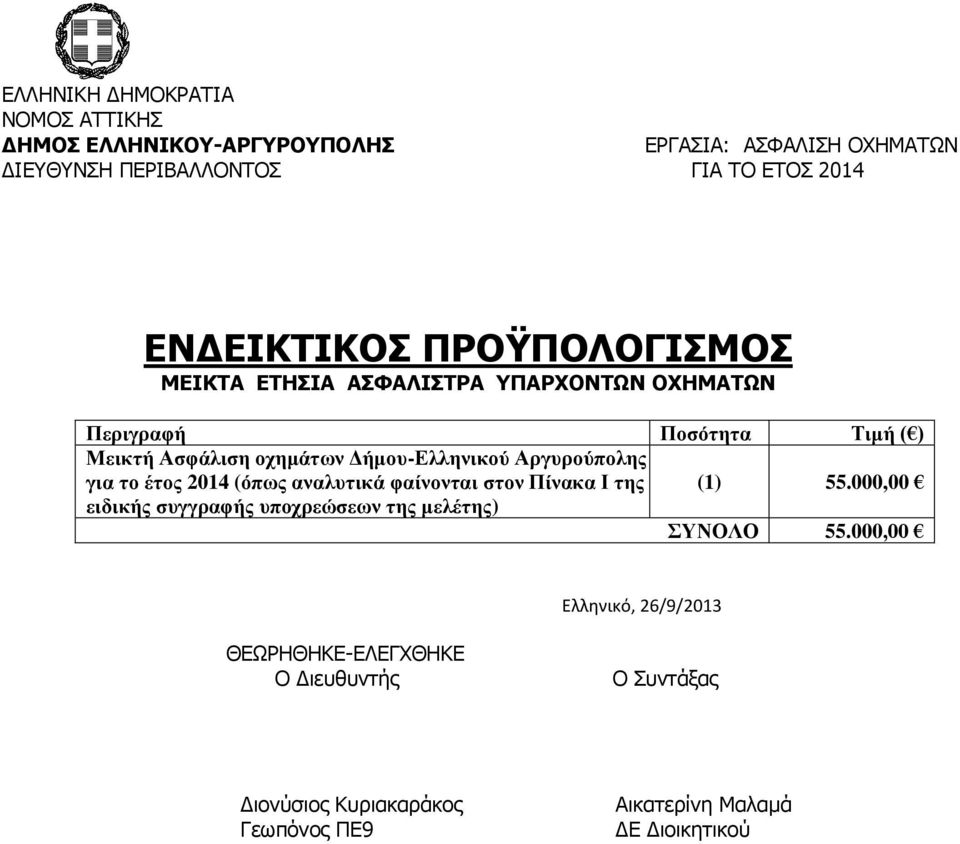 Δήμου-Ελληνικού Αργυρούπολης για το έτος 2014 (όπως αναλυτικά φαίνονται στον Πίνακα Ι της (1) 55.